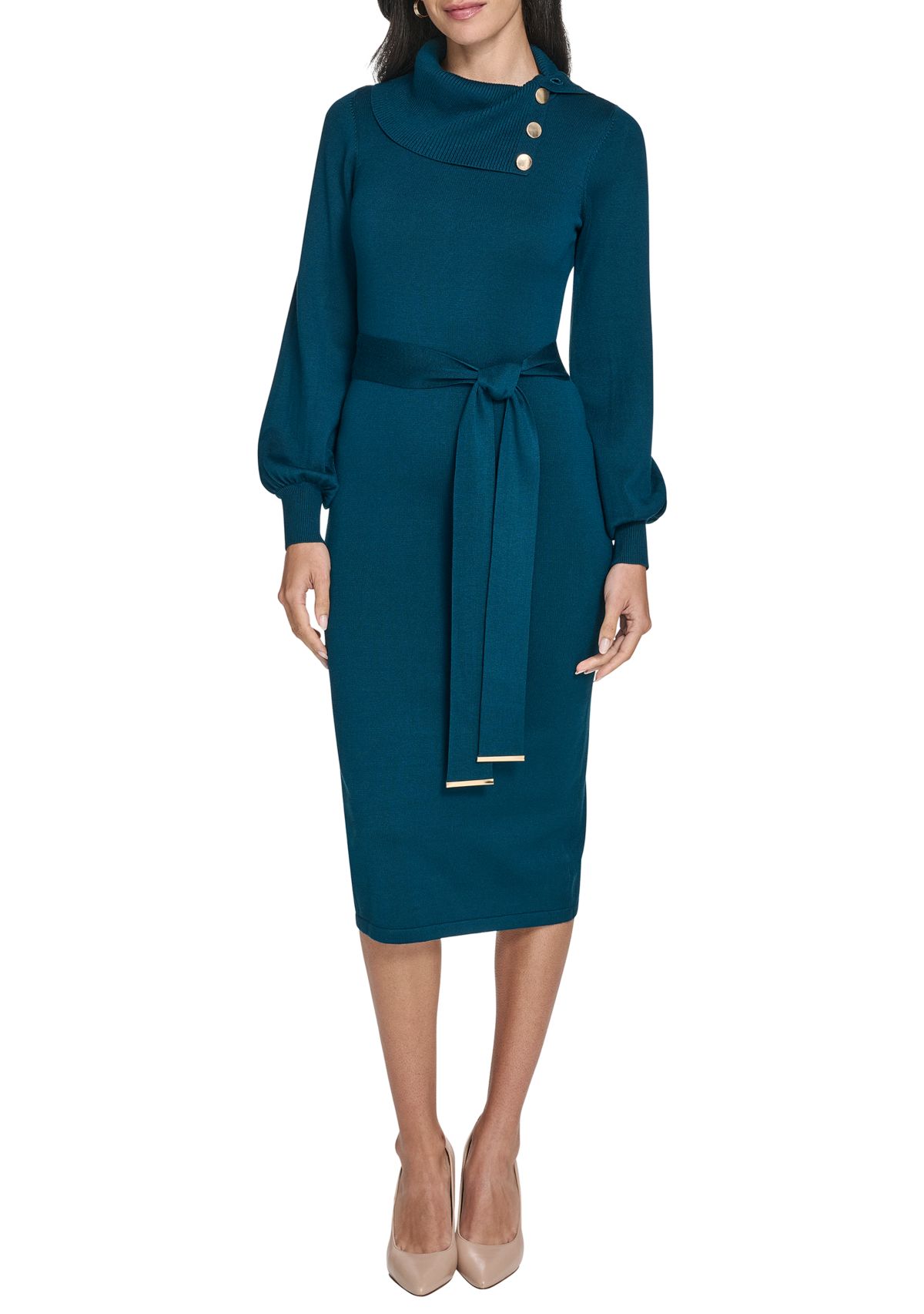 Womens Long Sleeve Mock Neck Solid Tie-Waist Sweater Dress