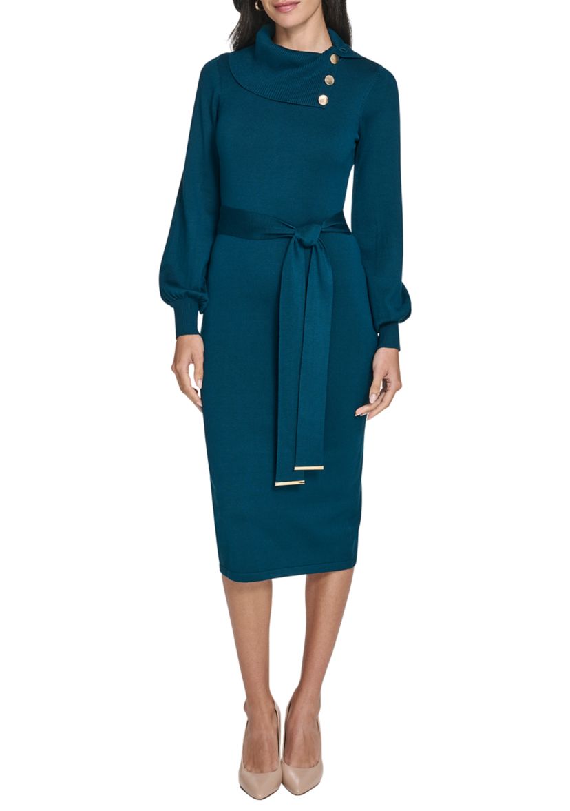 Womens Long Sleeve Mock Neck Solid Tie-Waist Sweater Dress