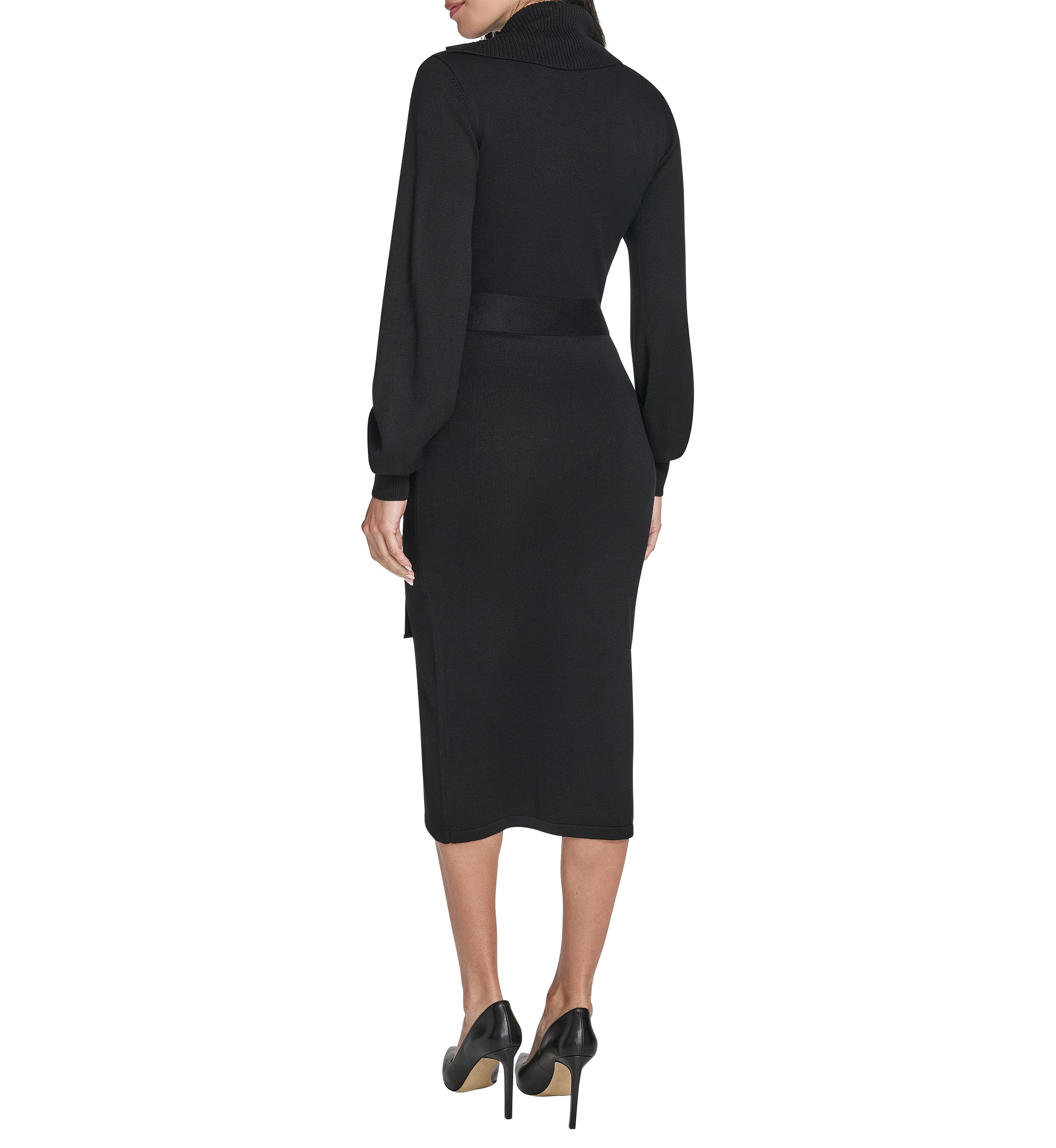 Womens Long Sleeve Mock Neck Solid Tie-Waist Sweater Dress