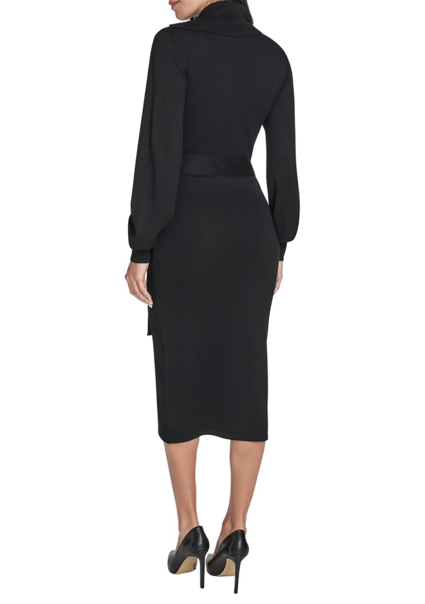 Womens Long Sleeve Mock Neck Solid Tie-Waist Sweater Dress