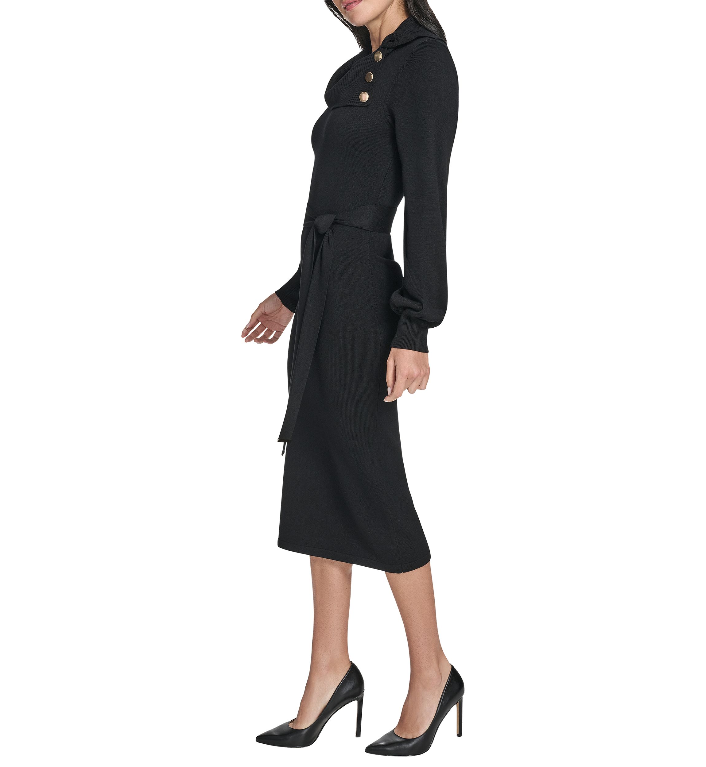 Womens Long Sleeve Mock Neck Solid Tie-Waist Sweater Dress