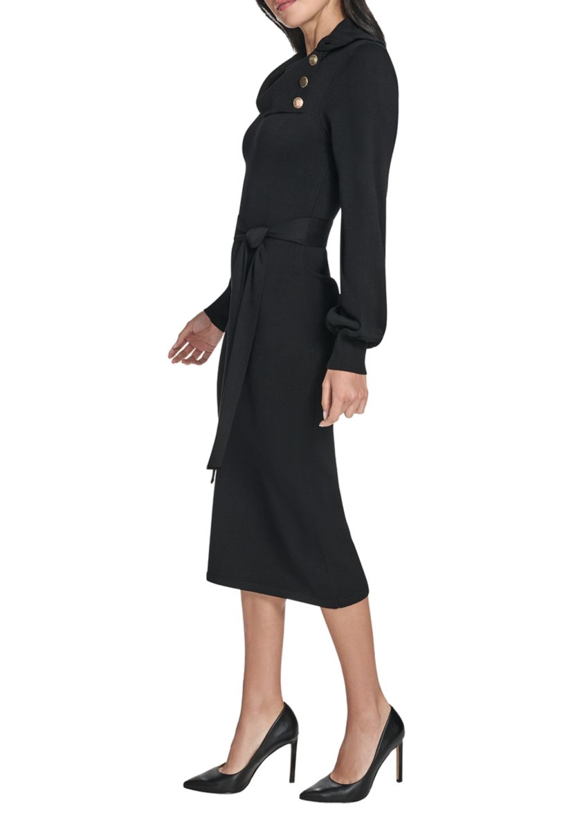 Womens Long Sleeve Mock Neck Solid Tie-Waist Sweater Dress