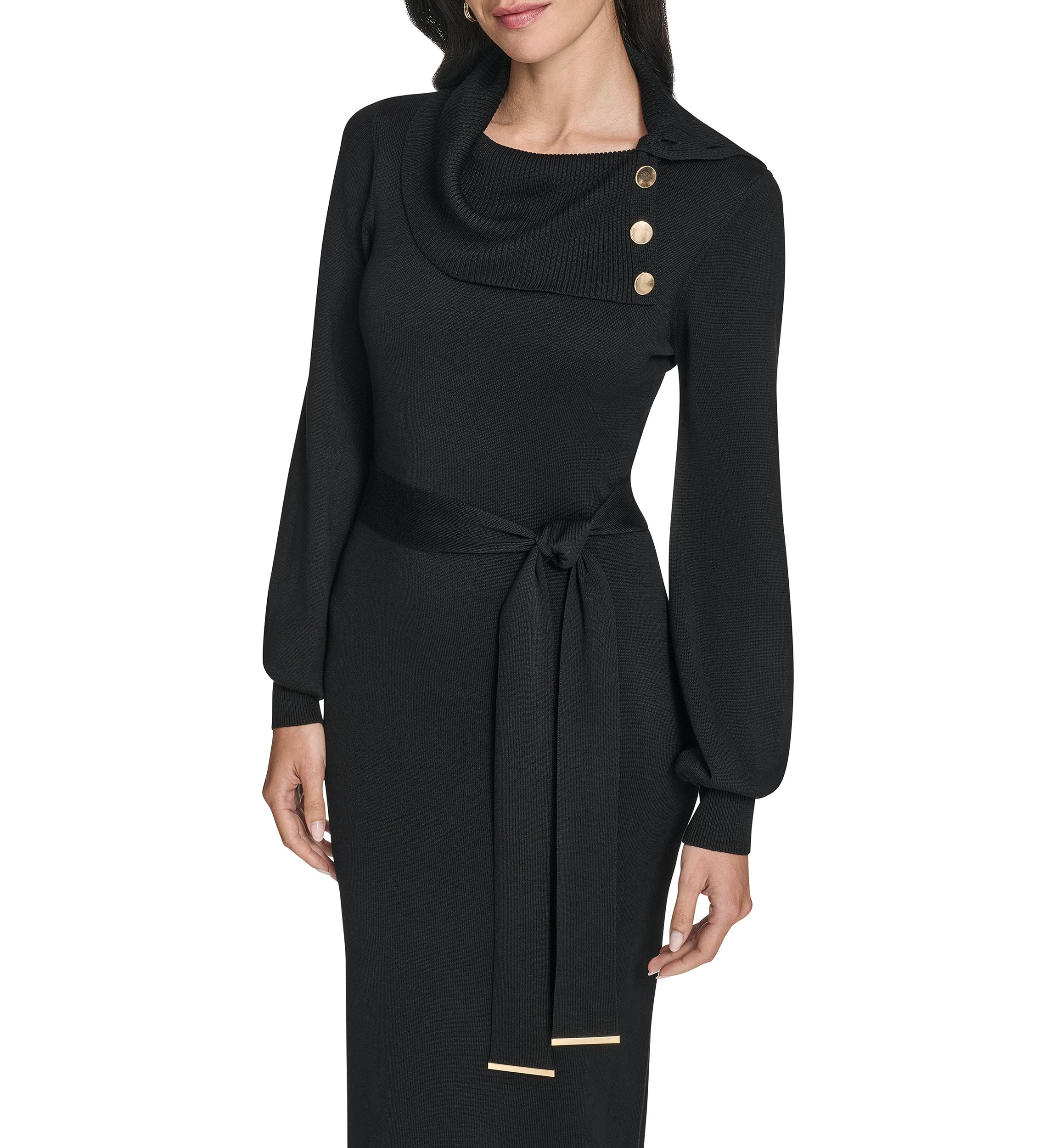 Womens Long Sleeve Mock Neck Solid Tie-Waist Sweater Dress