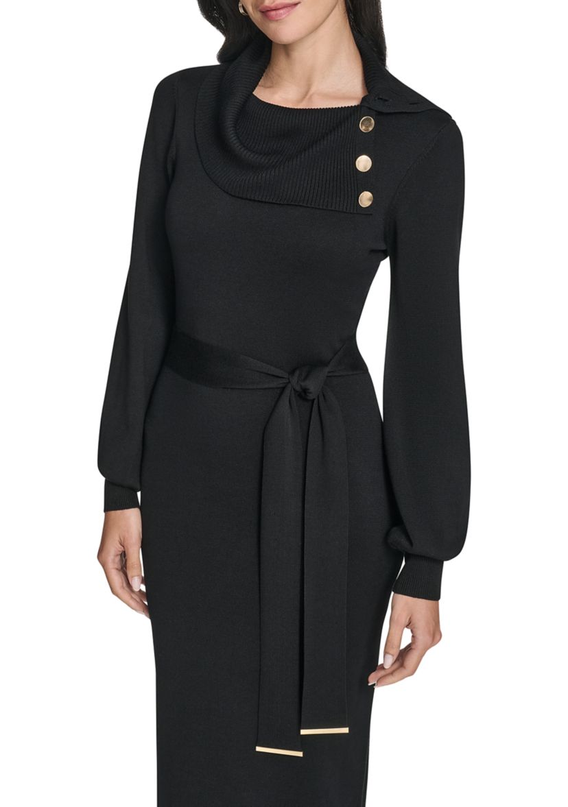Womens Long Sleeve Mock Neck Solid Tie-Waist Sweater Dress