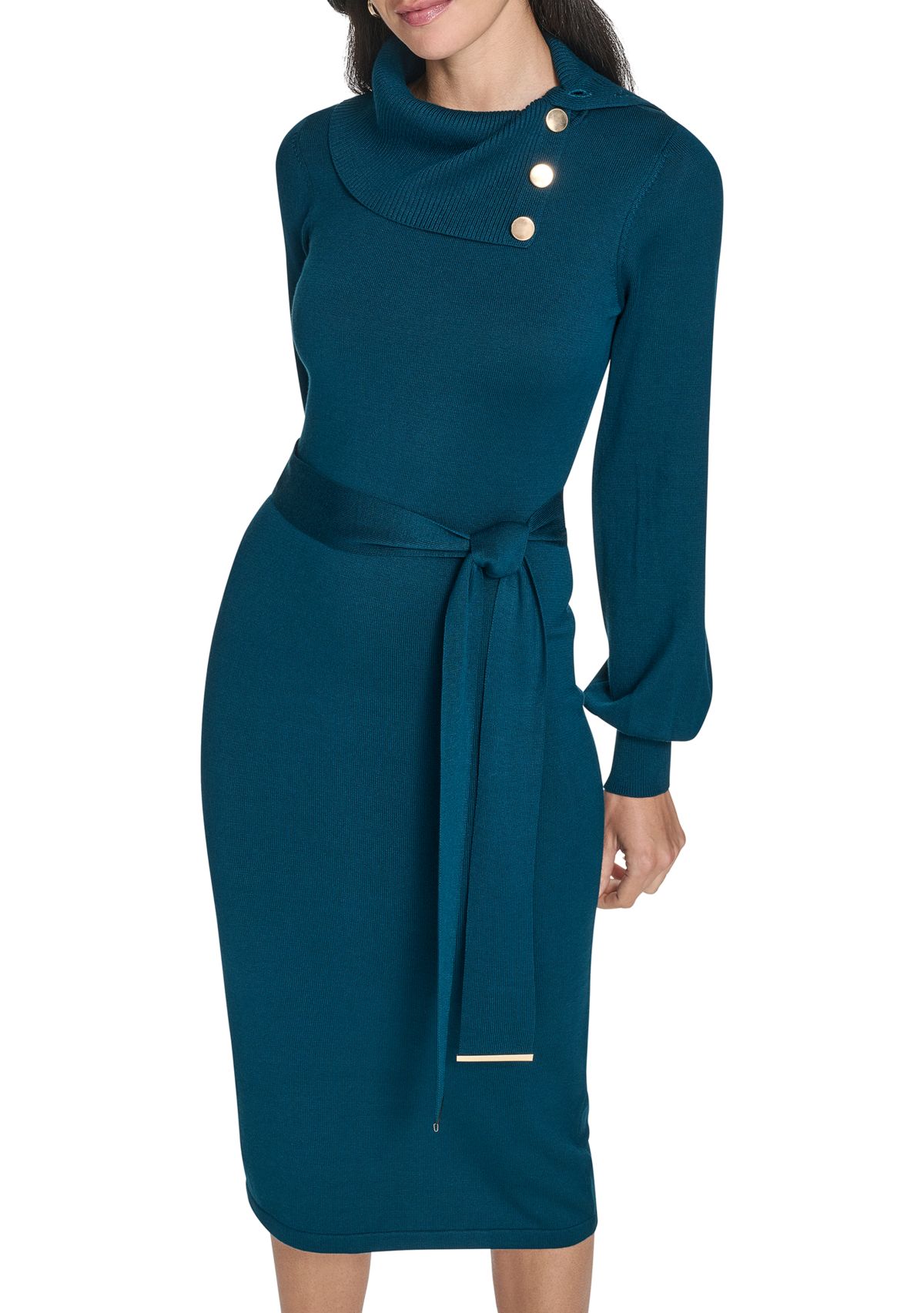 Womens Long Sleeve Mock Neck Solid Tie-Waist Sweater Dress