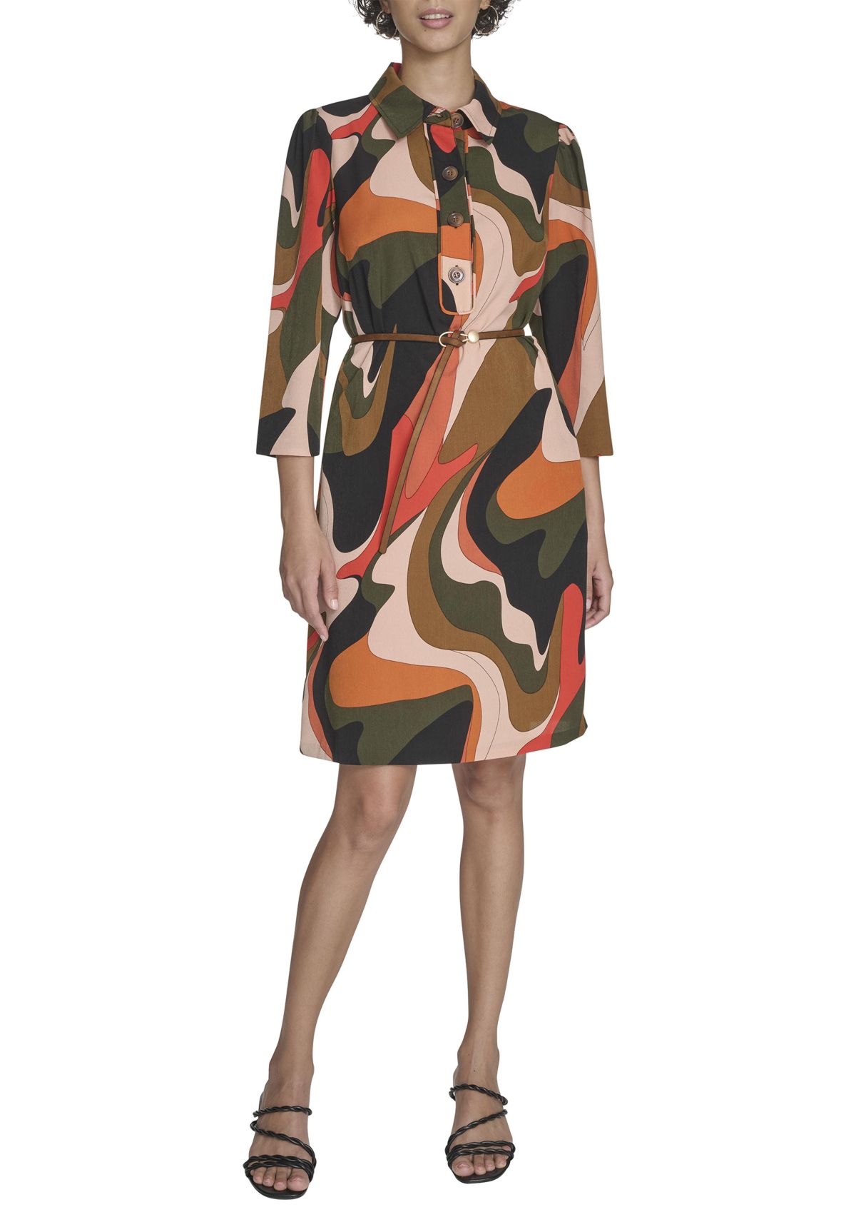 Womens 3/4 Collared Geo Print A-Line Dress
