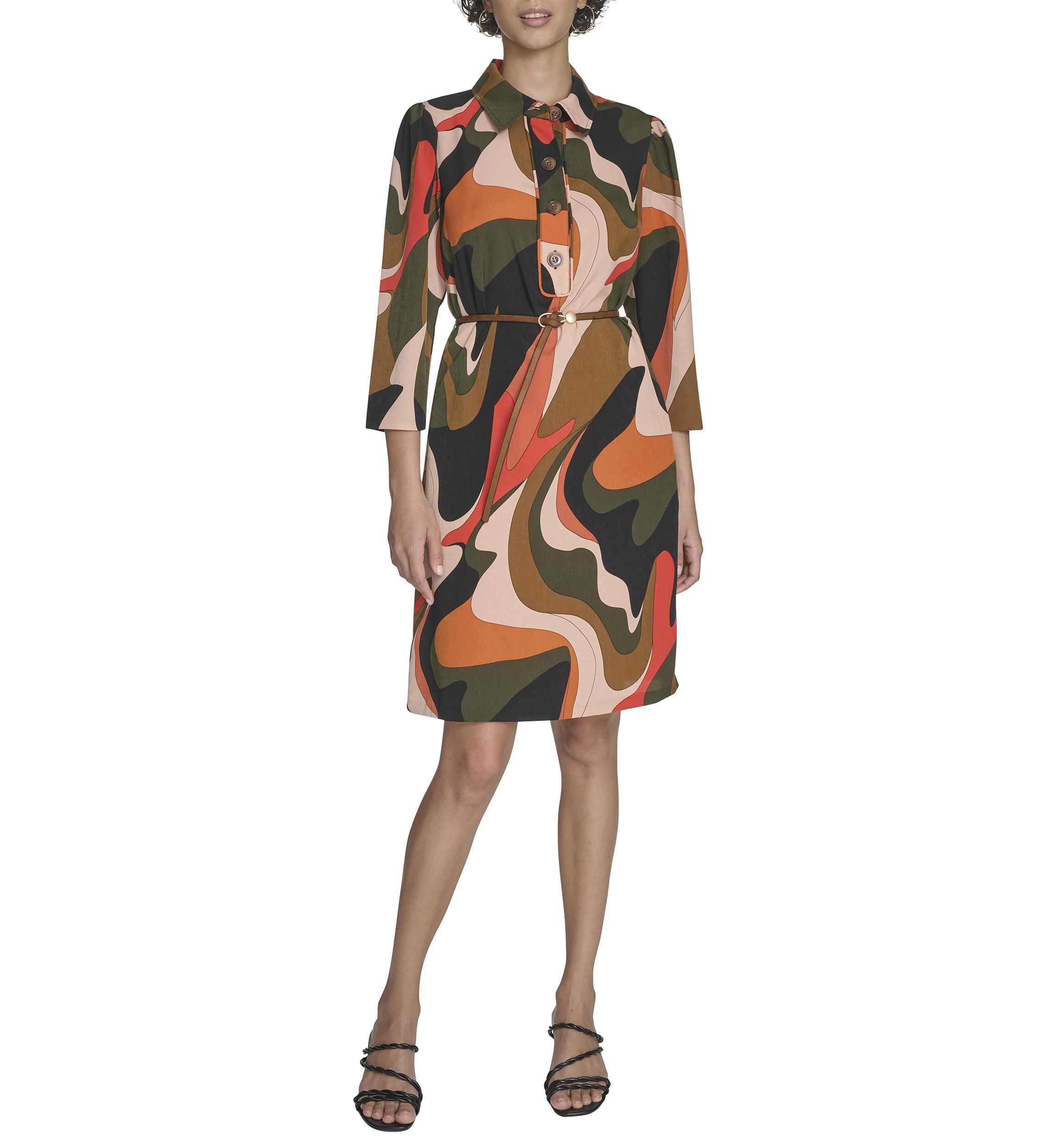 Womens 3/4 Collared Geo Print A-Line Dress