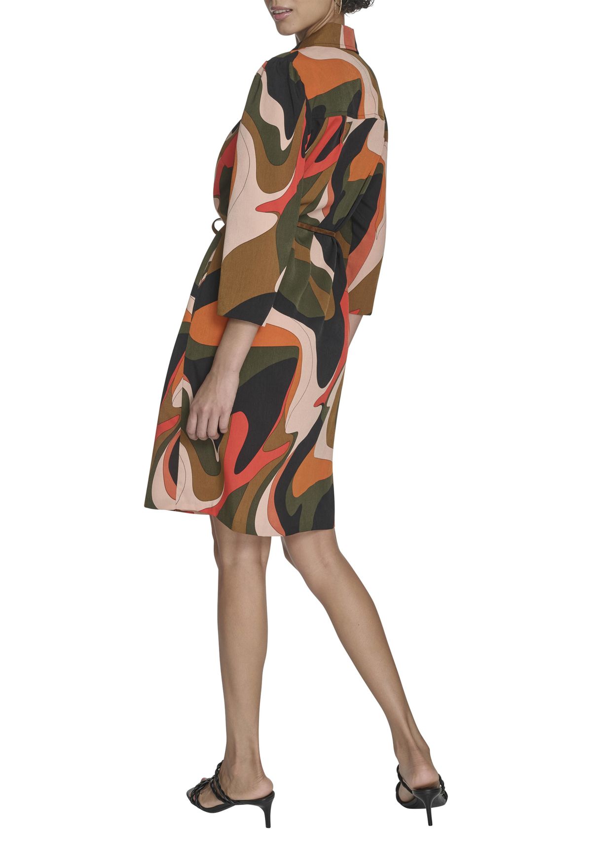 Womens 3/4 Collared Geo Print A-Line Dress