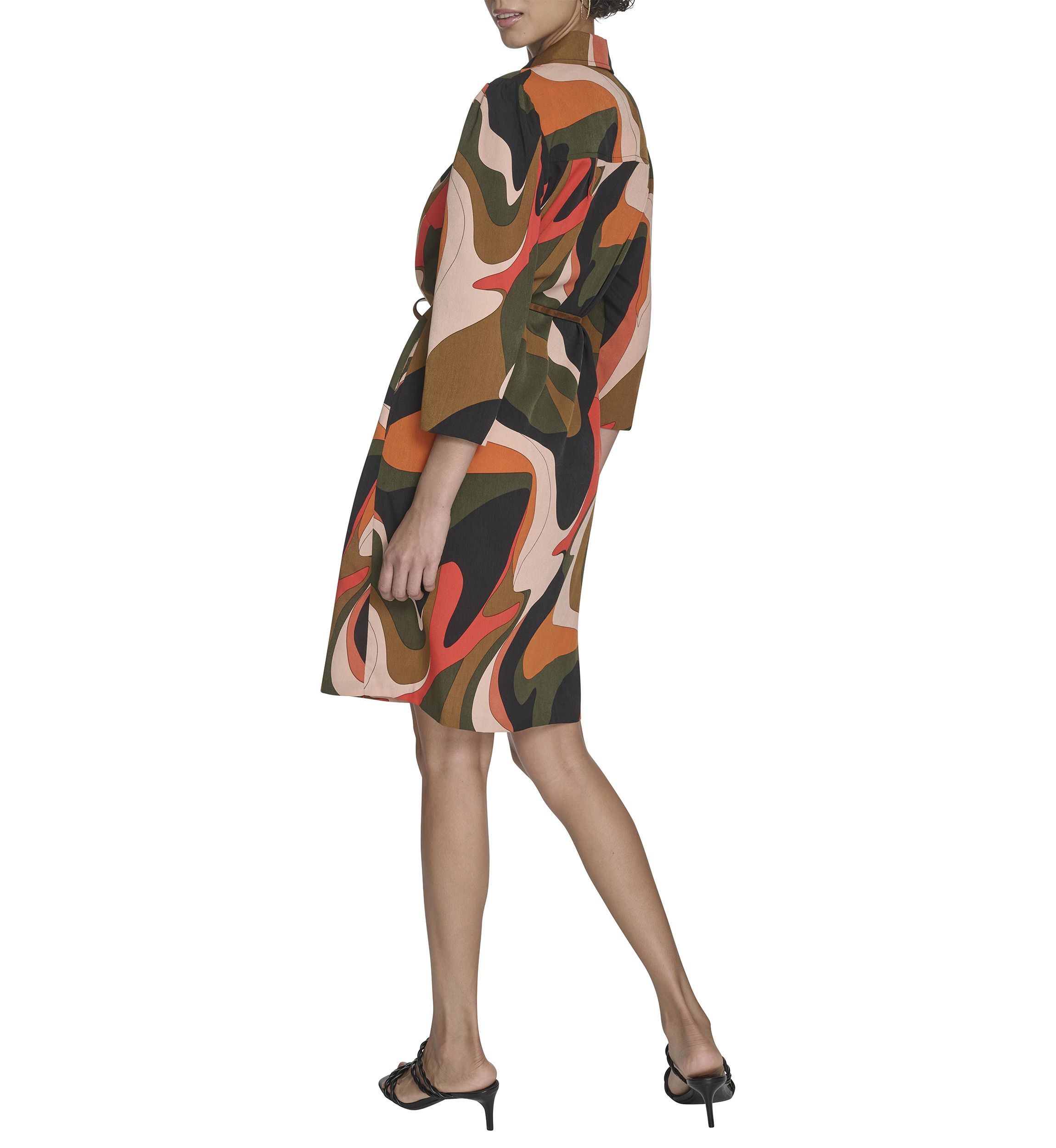 Womens 3/4 Collared Geo Print A-Line Dress