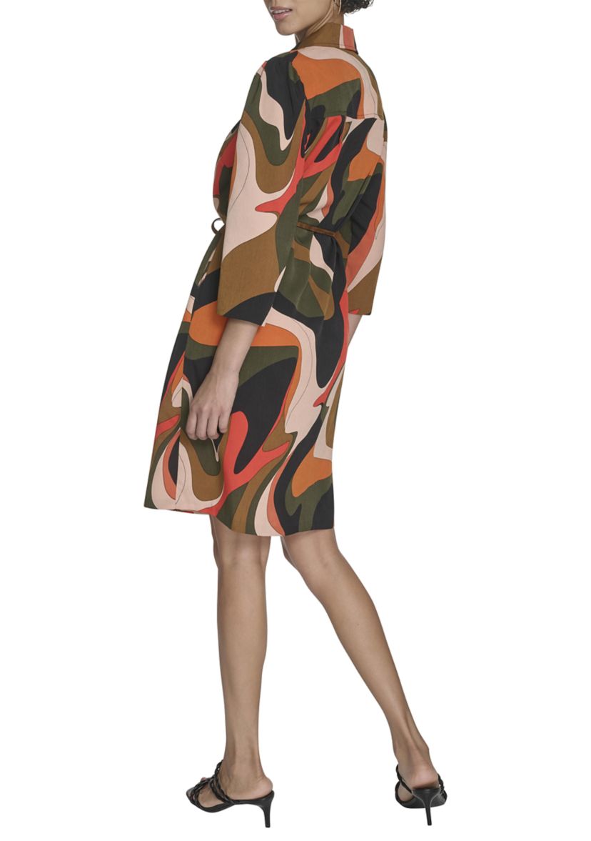 Womens 3/4 Collared Geo Print A-Line Dress