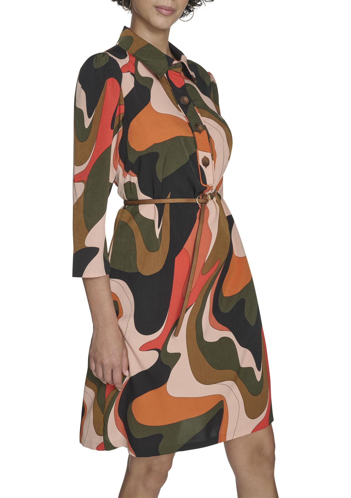 Womens 3/4 Collared Geo Print A-Line Dress