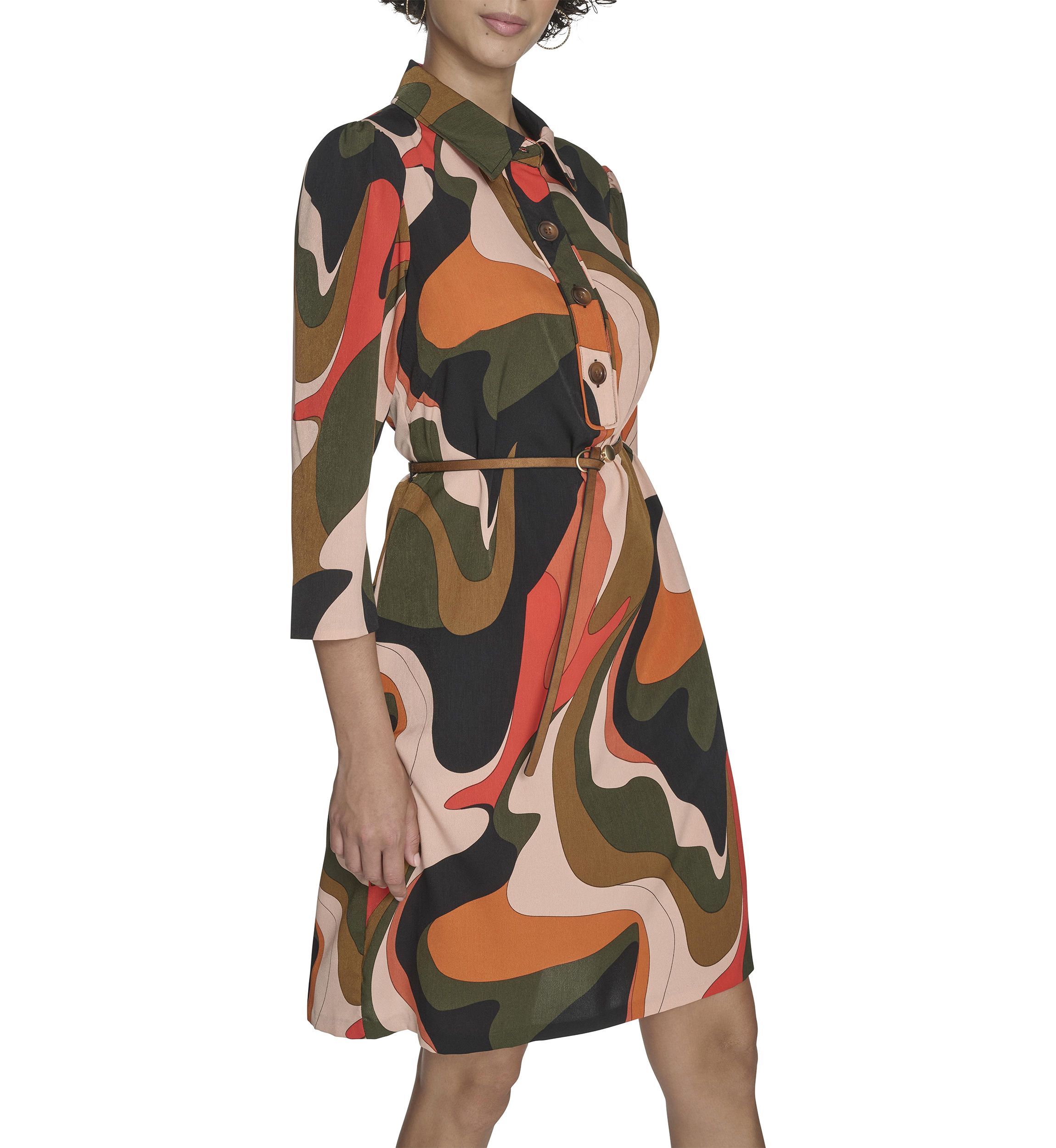 Womens 3/4 Collared Geo Print A-Line Dress