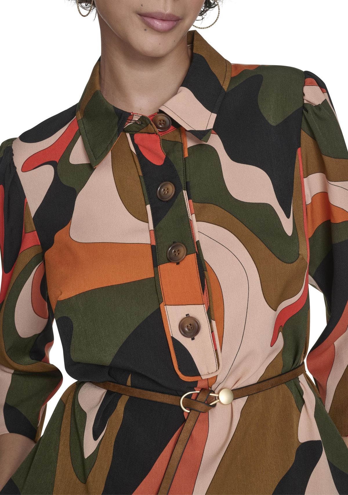 Womens 3/4 Collared Geo Print A-Line Dress