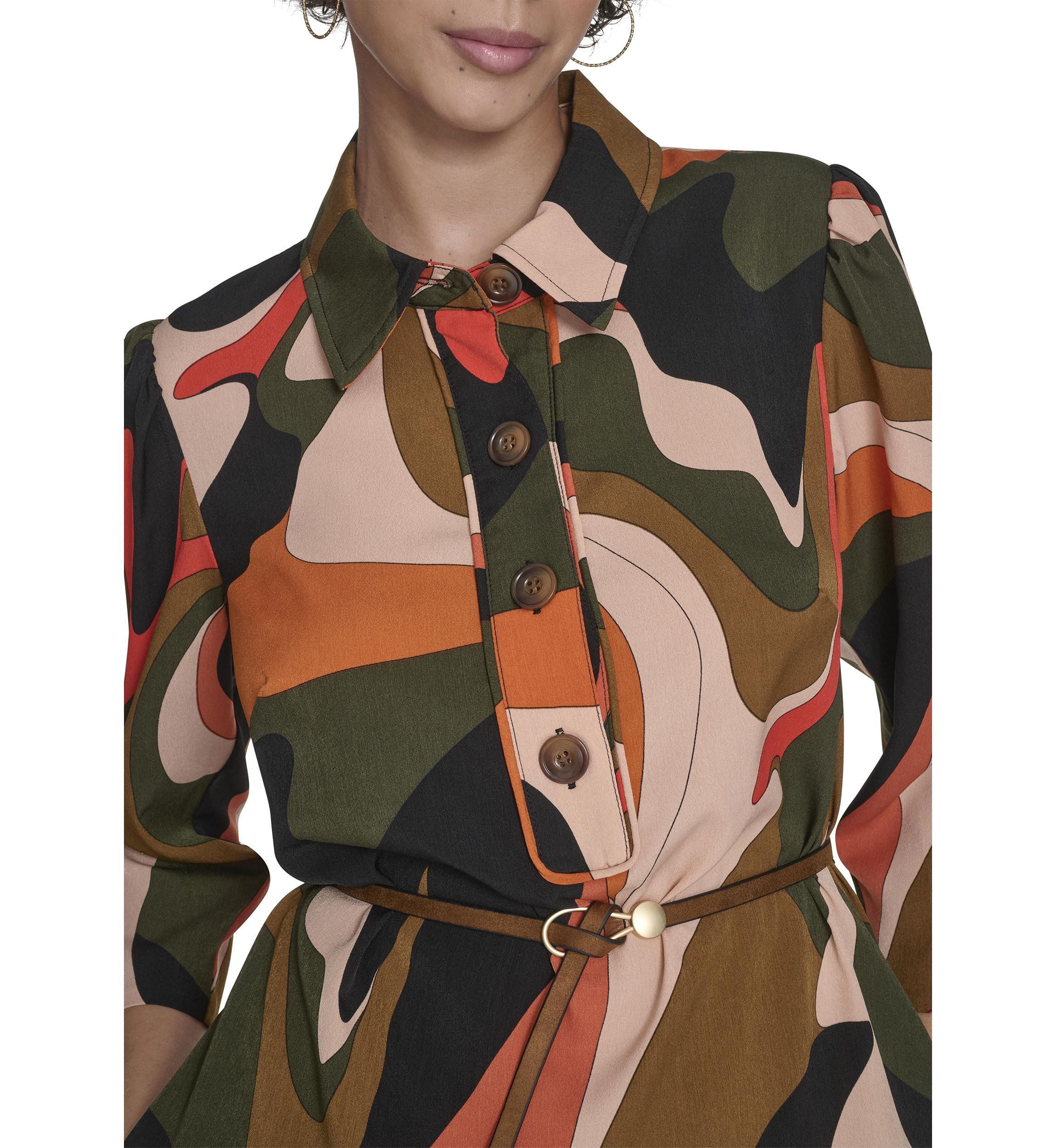 Womens 3/4 Collared Geo Print A-Line Dress