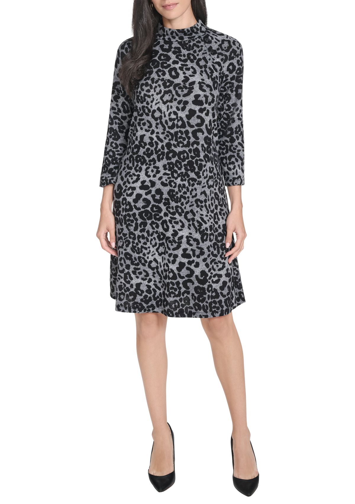 Womens Long Sleeve Animal Print A-Line Dress