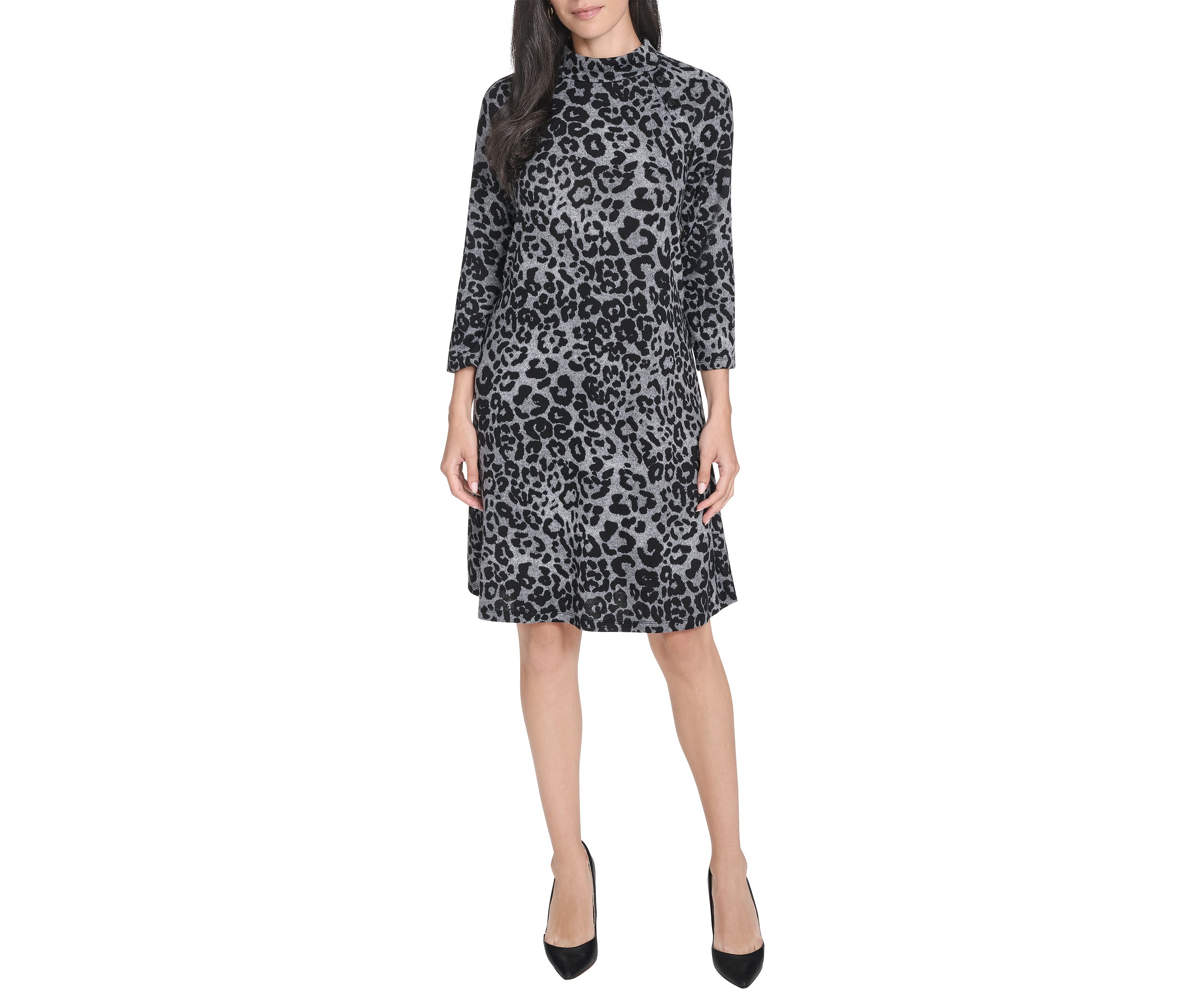 Womens Long Sleeve Animal Print A-Line Dress