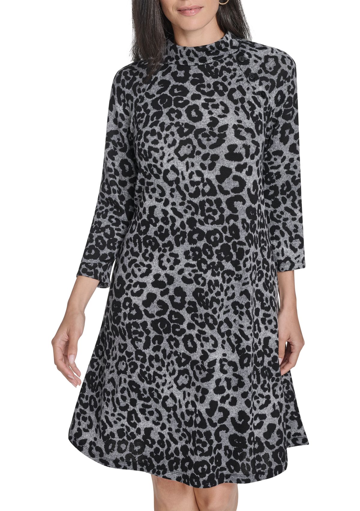 Womens Long Sleeve Animal Print A-Line Dress