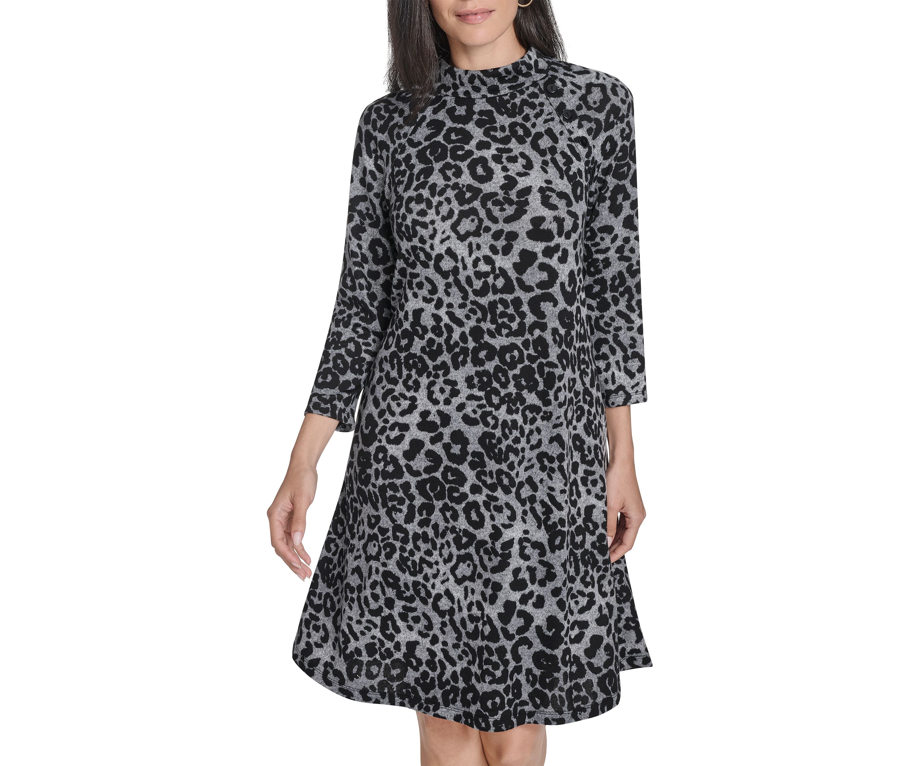 Womens Long Sleeve Animal Print A-Line Dress