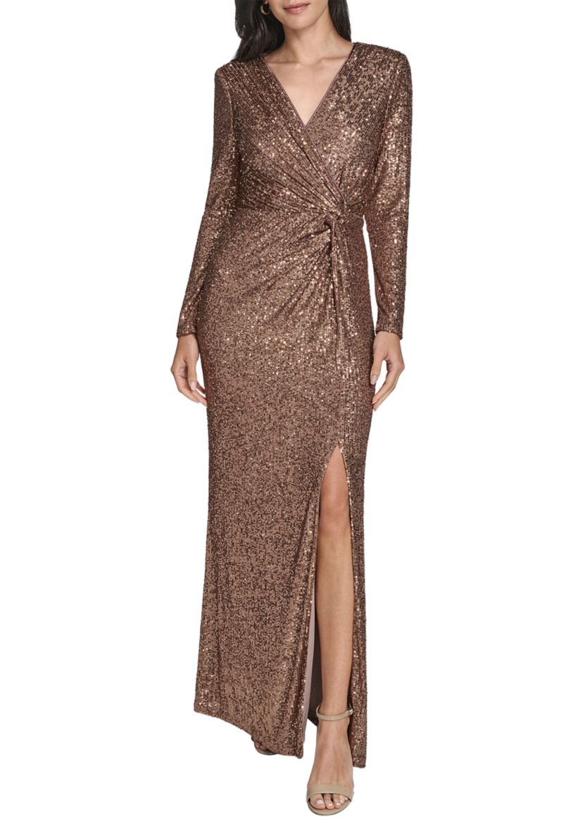 Womens Long Sleeve V-Neck Solid Sequin Slim Gown
