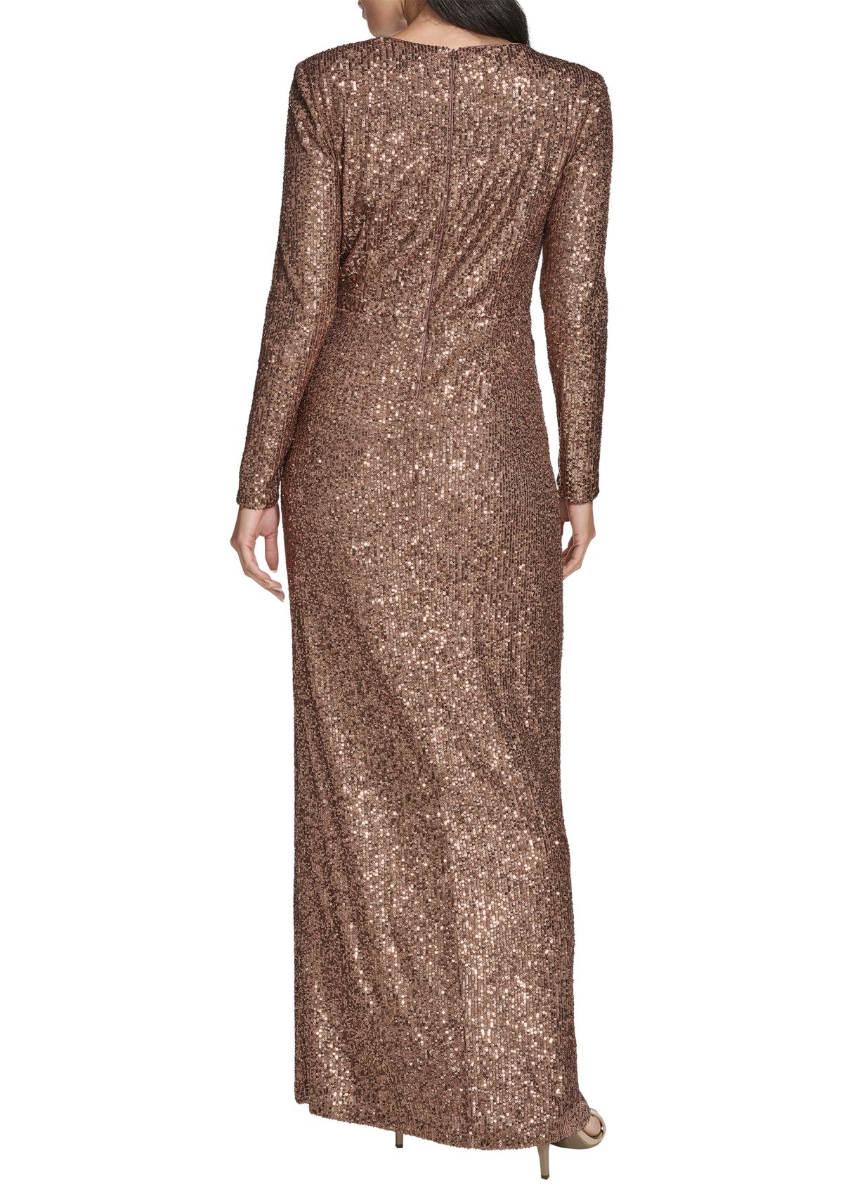 Womens Long Sleeve V-Neck Solid Sequin Slim Gown