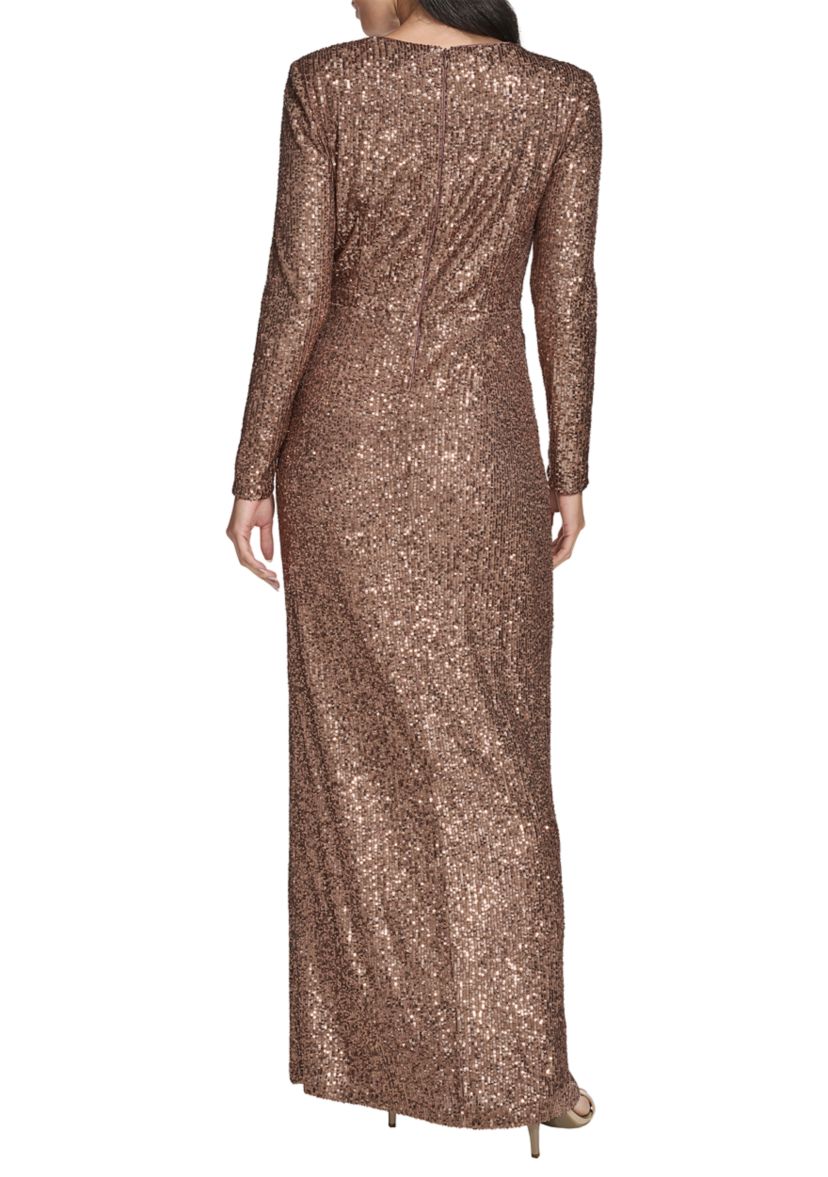 Womens Long Sleeve V-Neck Solid Sequin Slim Gown