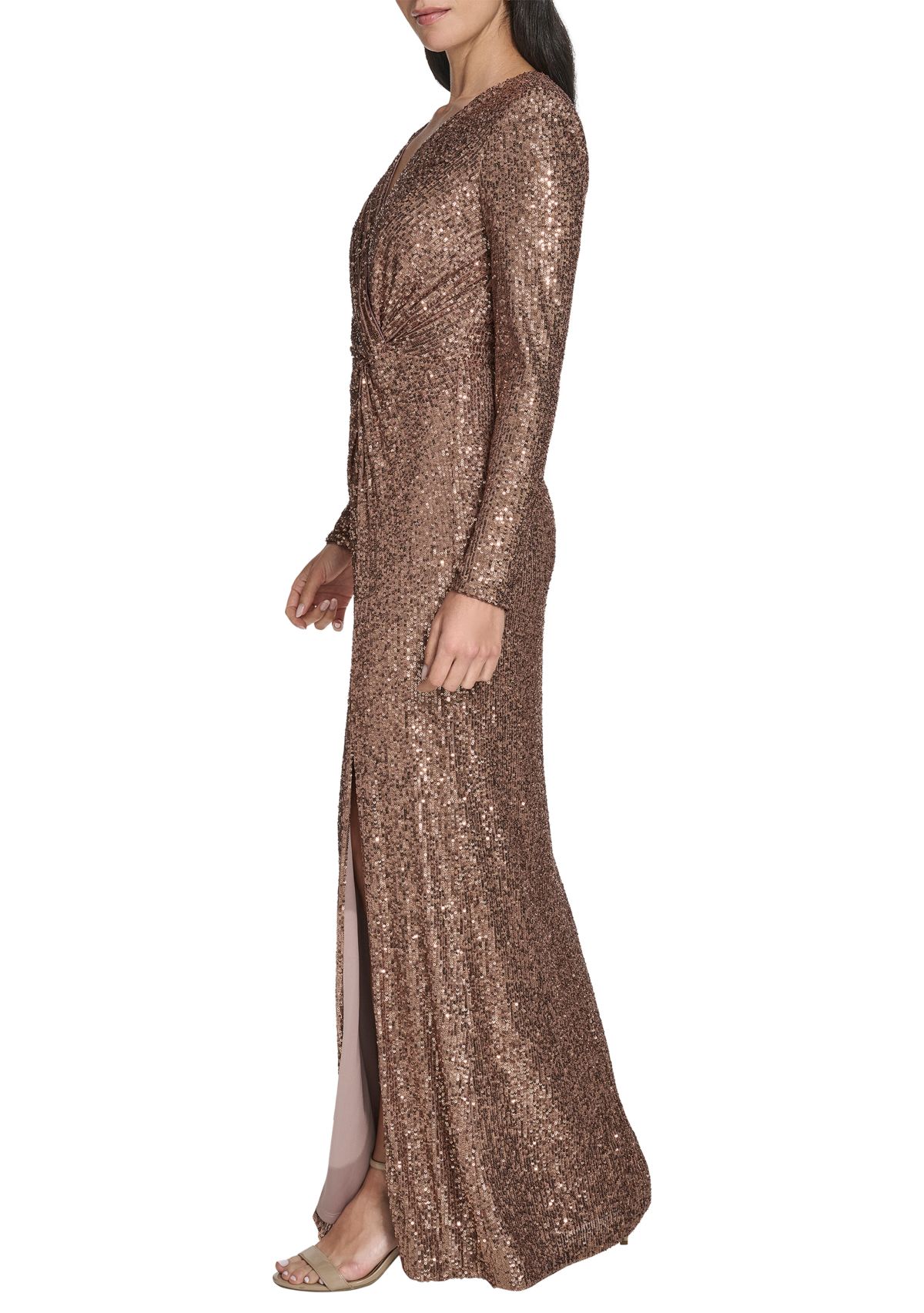Womens Long Sleeve V-Neck Solid Sequin Slim Gown