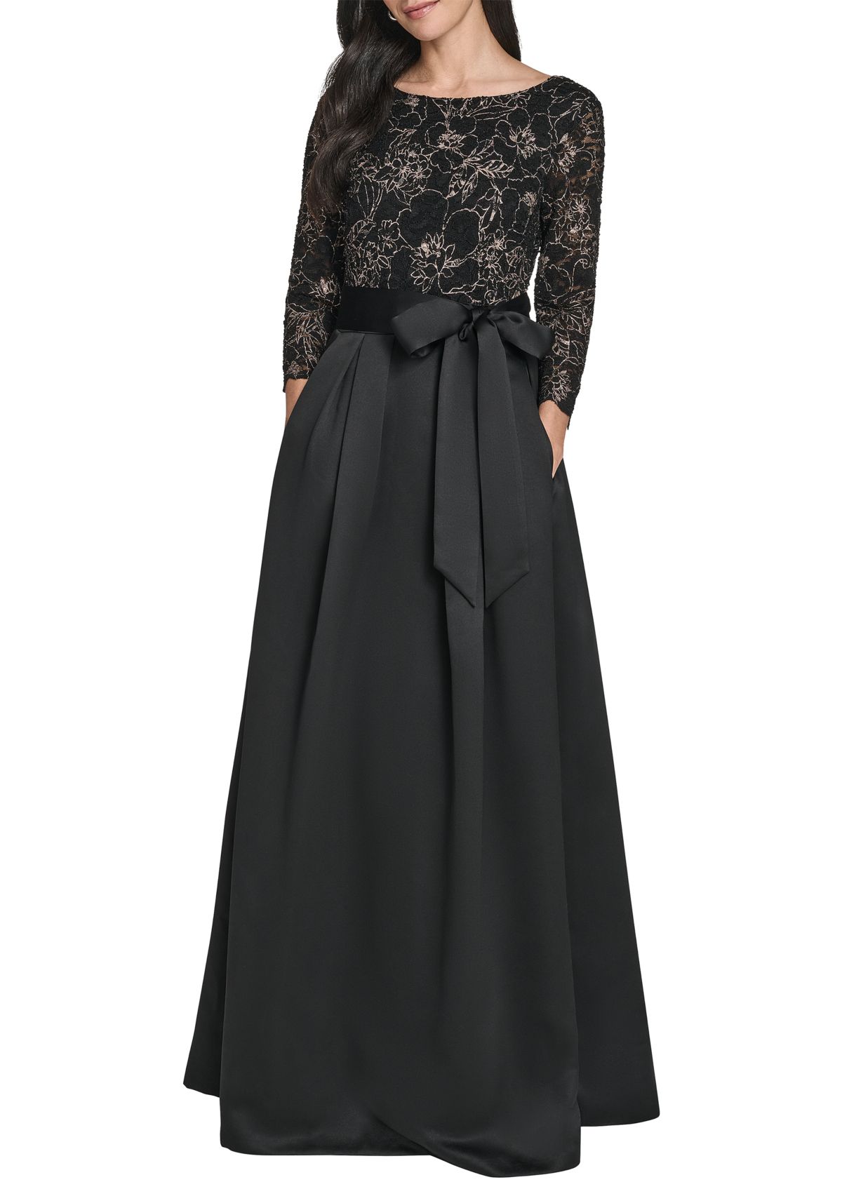 Womens 3/4 Sleeve Satin A-Line Dress