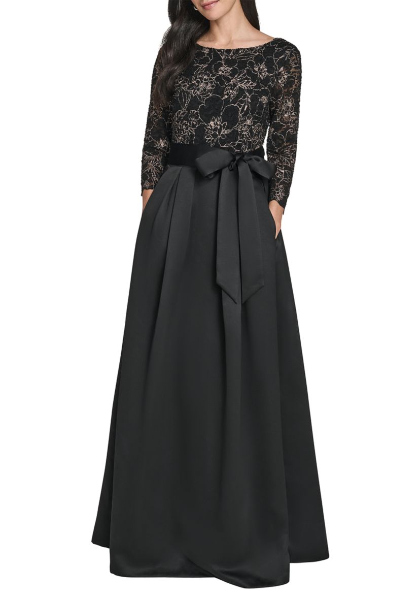 Womens 3/4 Sleeve Satin A-Line Dress