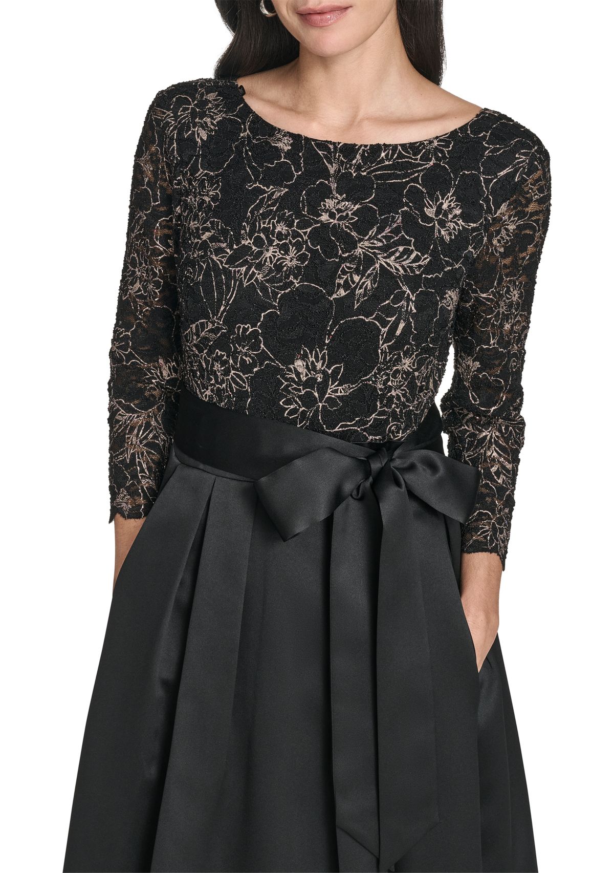 Womens 3/4 Sleeve Satin A-Line Dress