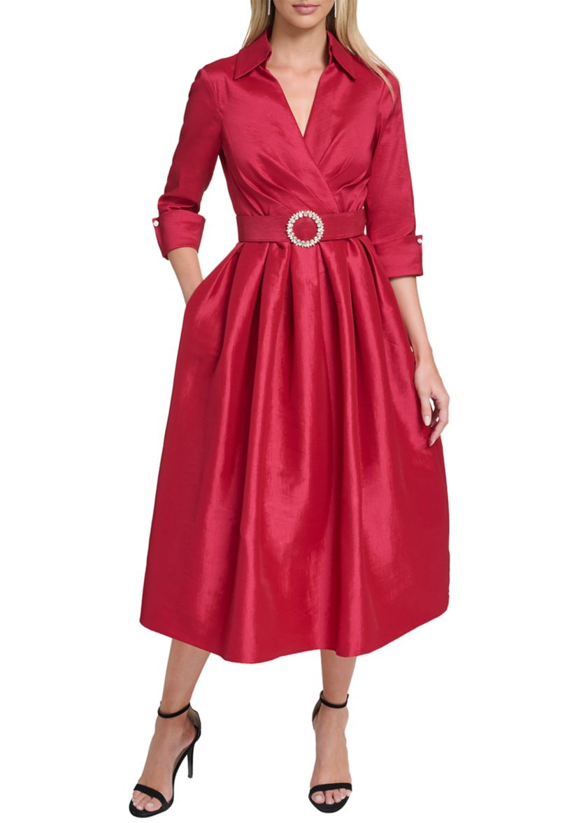Womens 3/4 Sleeve V-Neck Solid Satin A-Line Dress