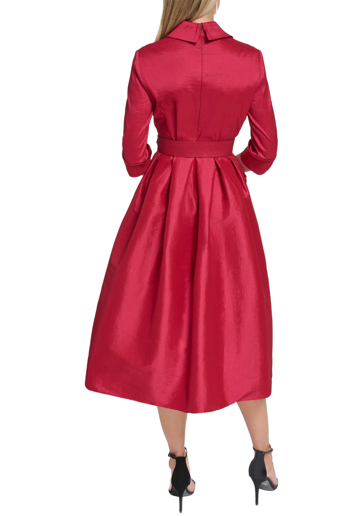 Womens 3/4 Sleeve V-Neck Solid Satin A-Line Dress