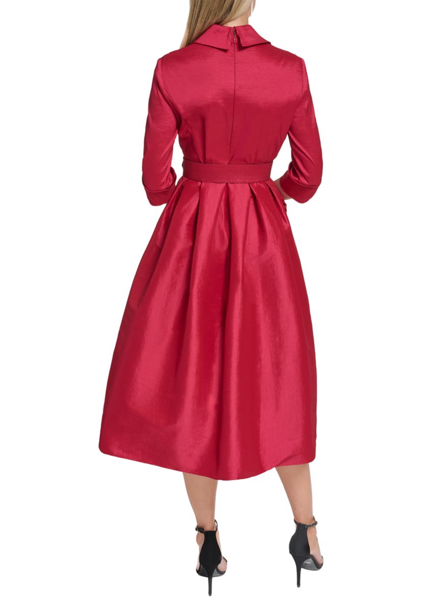 Womens 3/4 Sleeve V-Neck Solid Satin A-Line Dress
