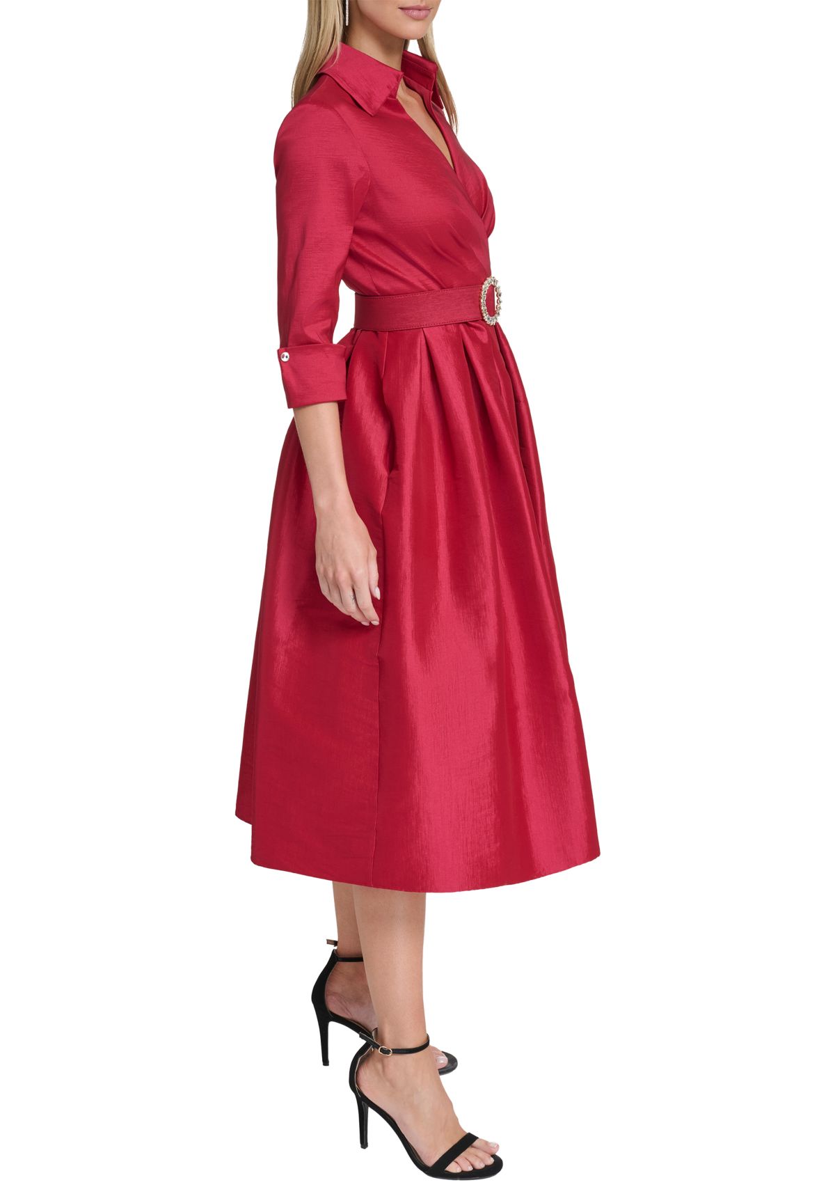 Womens 3/4 Sleeve V-Neck Solid Satin A-Line Dress