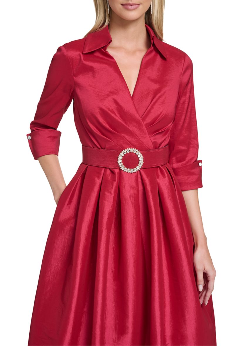 Womens 3/4 Sleeve V-Neck Solid Satin A-Line Dress