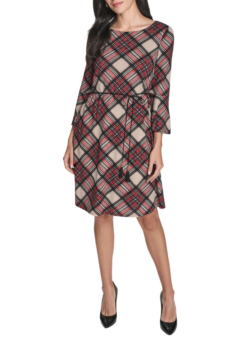 Womens 3/4 Sleeve Crew Neck Plaid Hacci Fit-and-Flare Dress