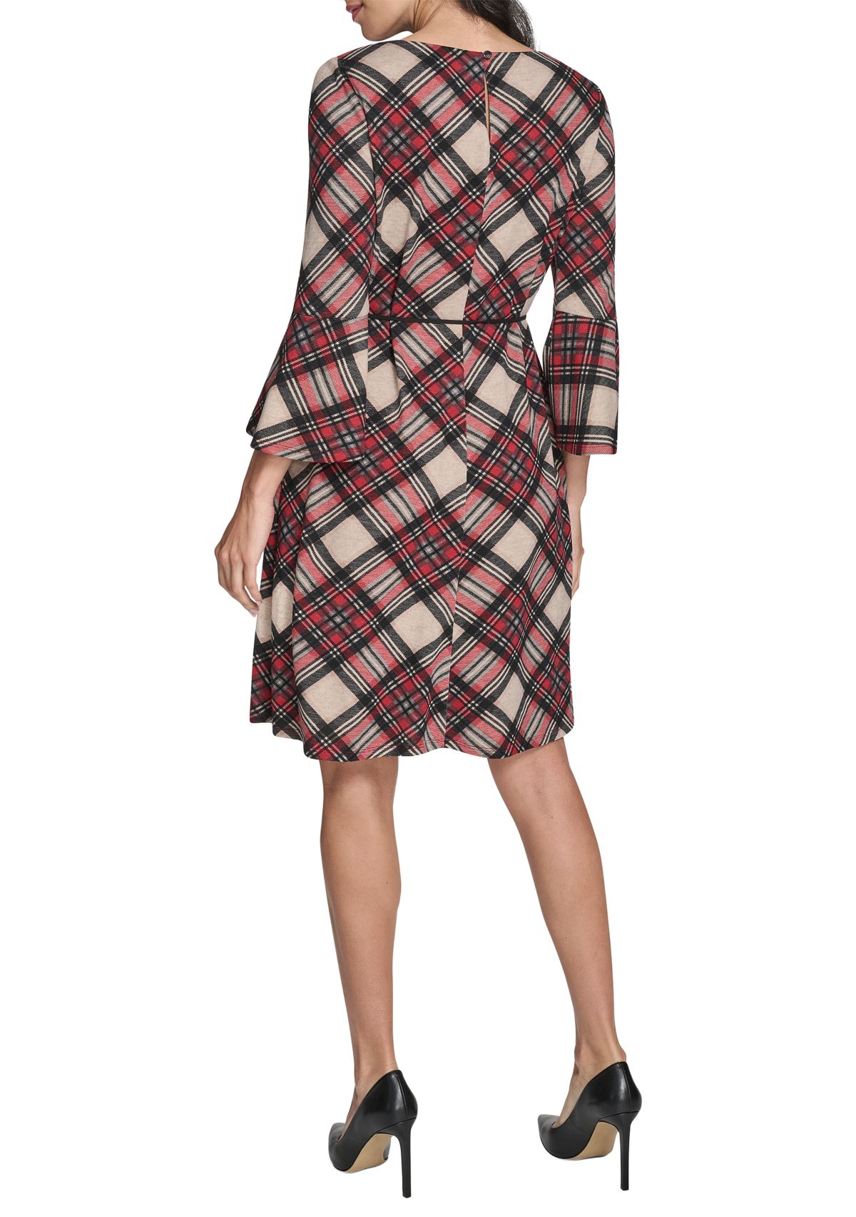 Womens 3/4 Sleeve Crew Neck Plaid Hacci Fit-and-Flare Dress