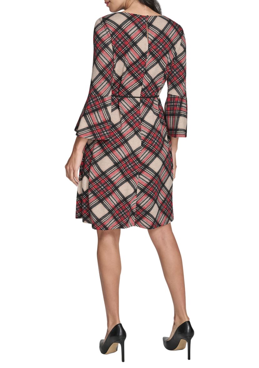 Womens 3/4 Sleeve Crew Neck Plaid Hacci Fit-and-Flare Dress