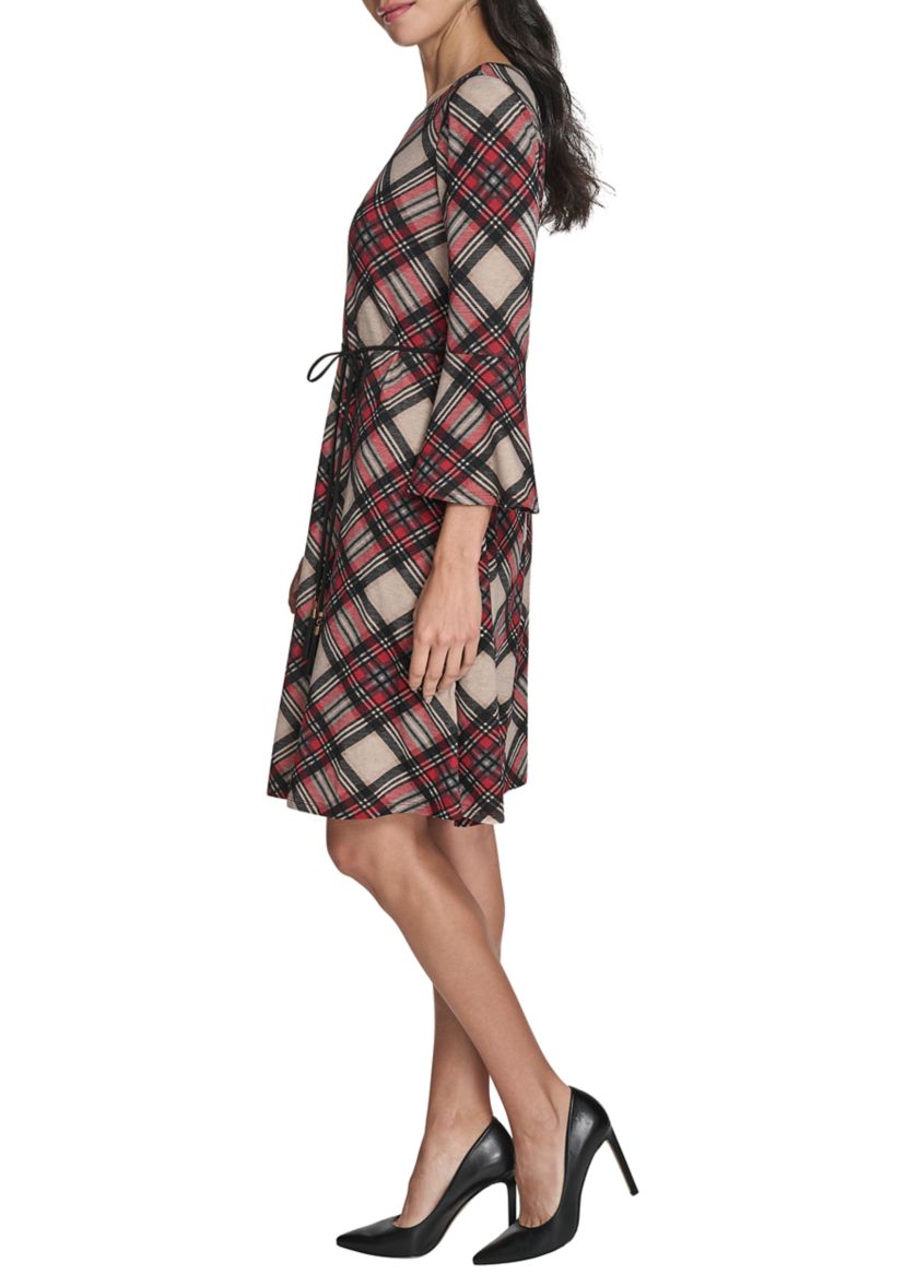 Womens 3/4 Sleeve Crew Neck Plaid Hacci Fit-and-Flare Dress