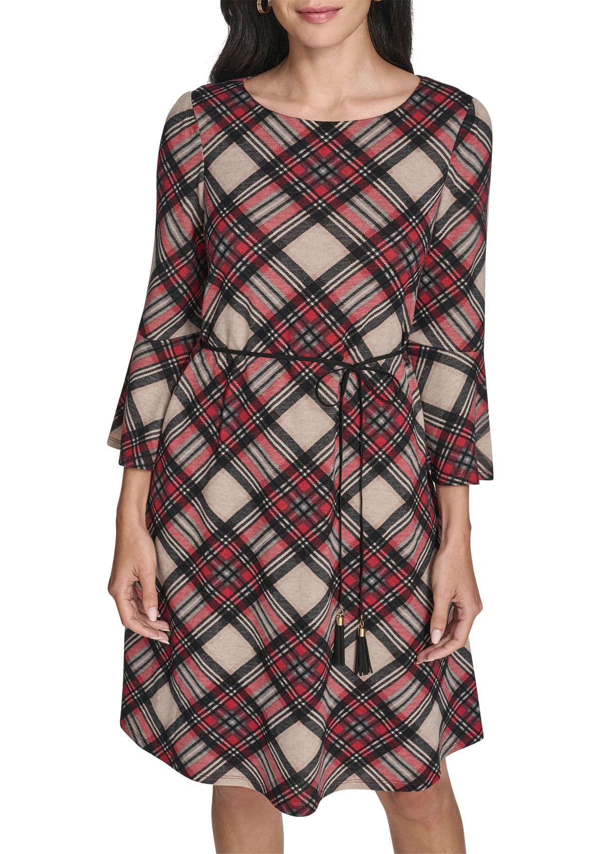 Womens 3/4 Sleeve Crew Neck Plaid Hacci Fit-and-Flare Dress