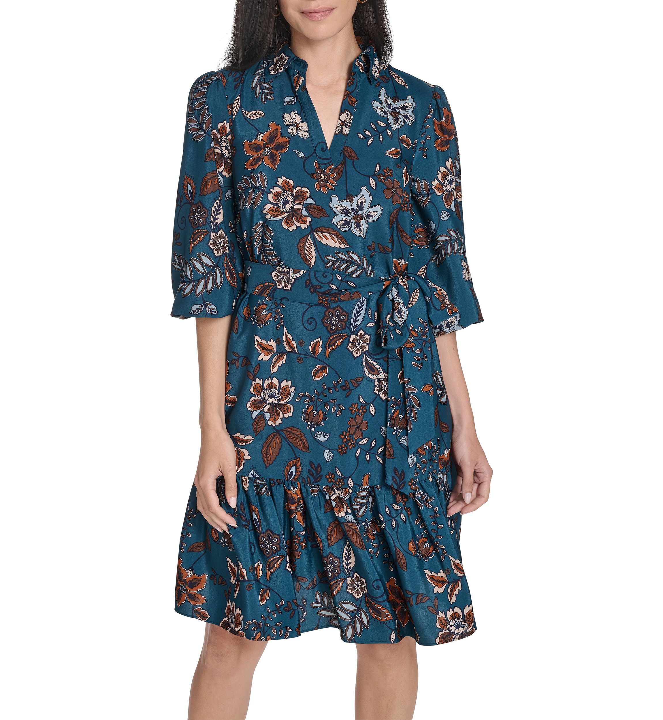 Womens Collared Neck Floral Print Dress
