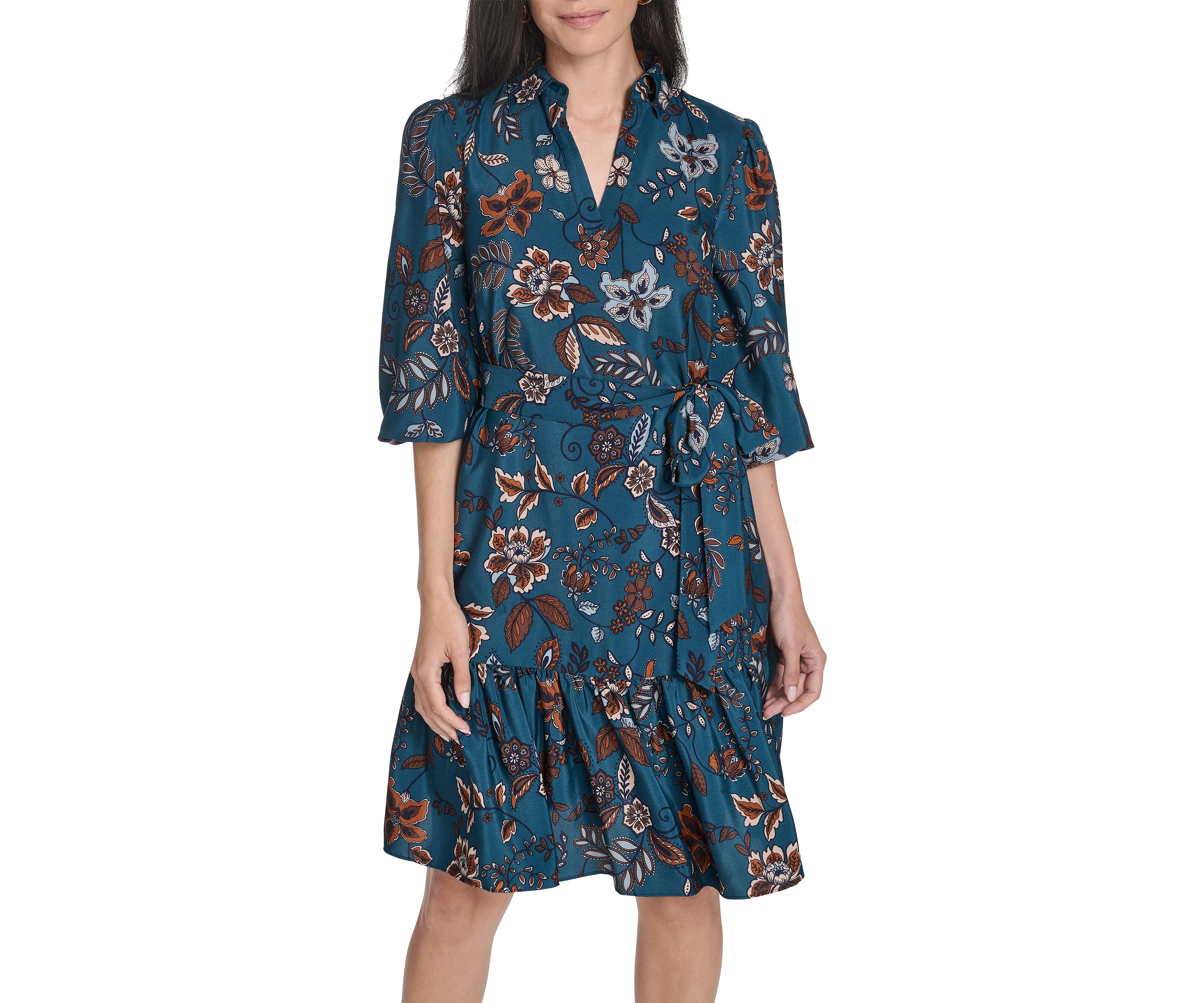 Womens Collared Neck Floral Print Dress