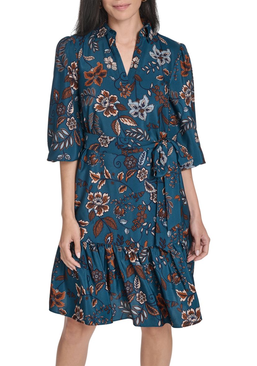 Womens Collared Neck Floral Print Dress