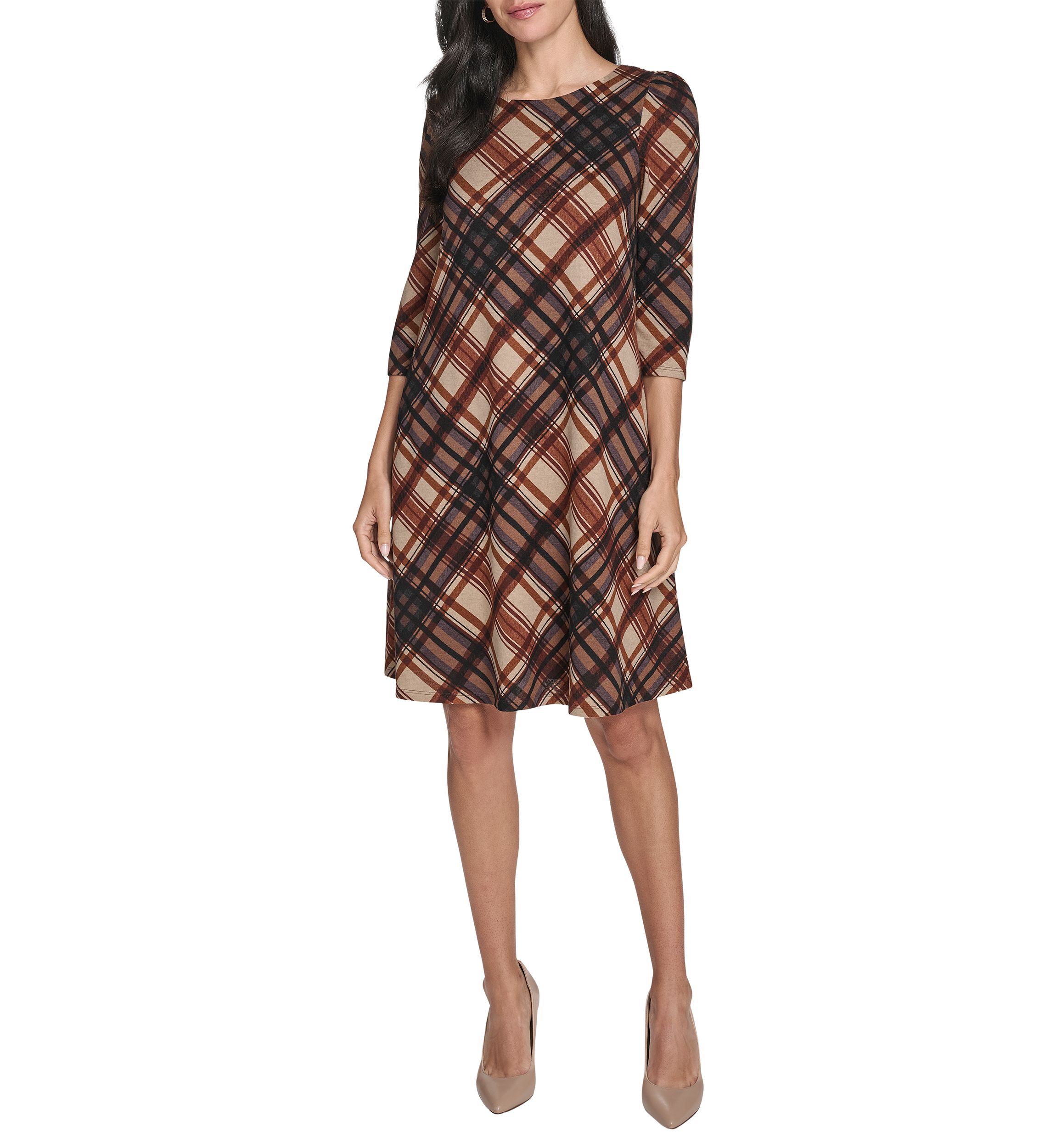 Womens 3/4 Sleeve Crew Neck Plaid Hacci A-Line Dress