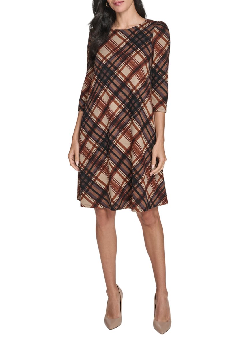 Womens 3/4 Sleeve Crew Neck Plaid Hacci A-Line Dress