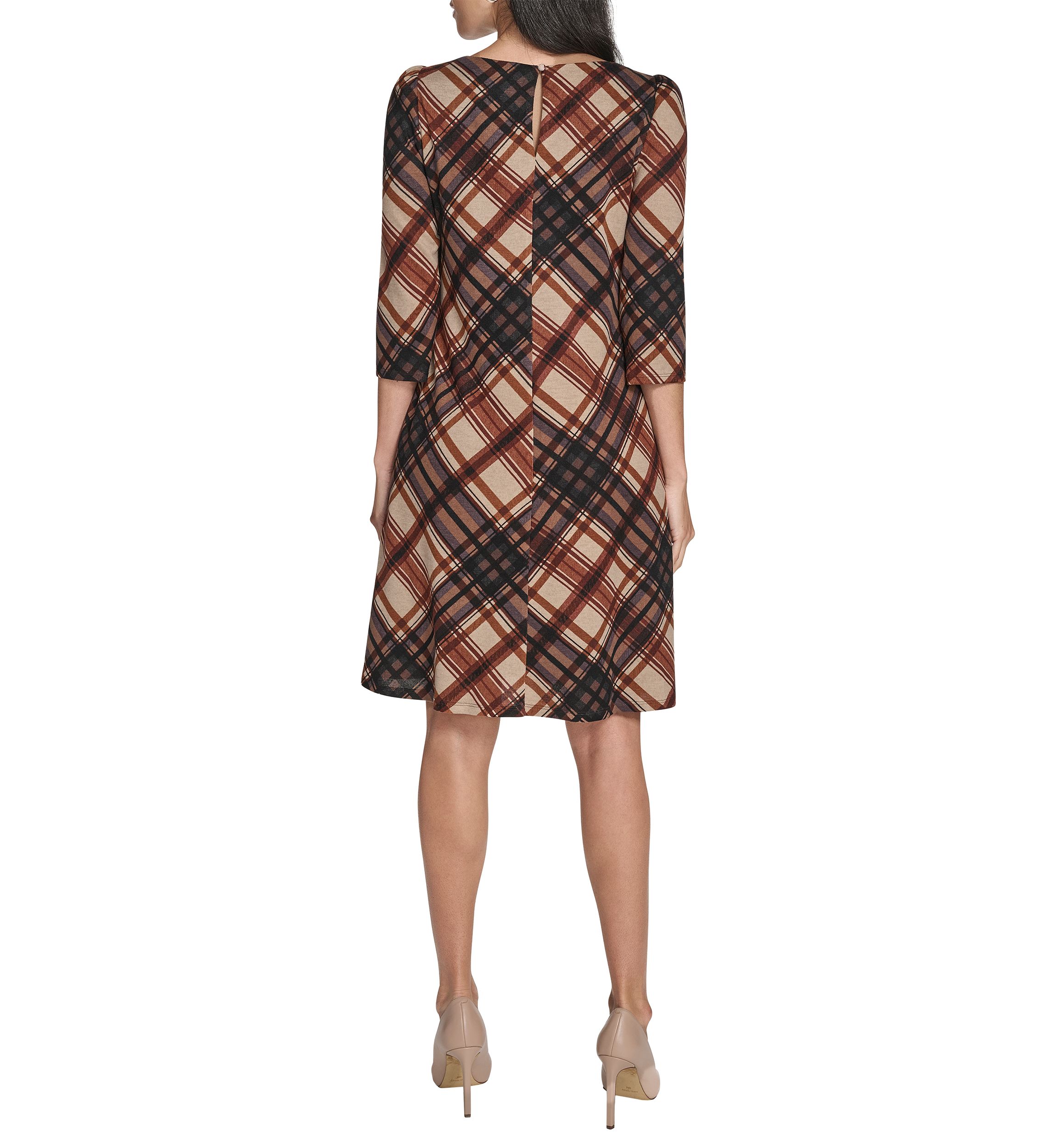 Womens 3/4 Sleeve Crew Neck Plaid Hacci A-Line Dress