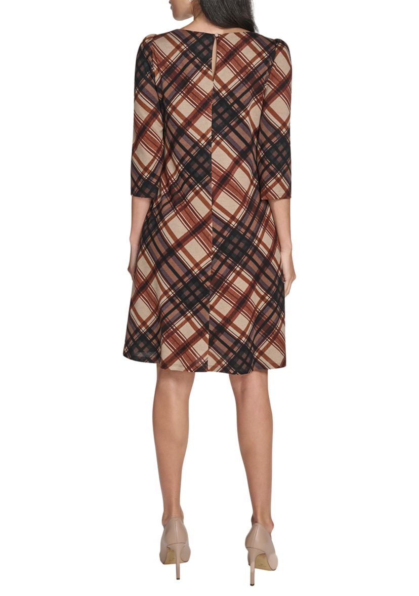 Womens 3/4 Sleeve Crew Neck Plaid Hacci A-Line Dress