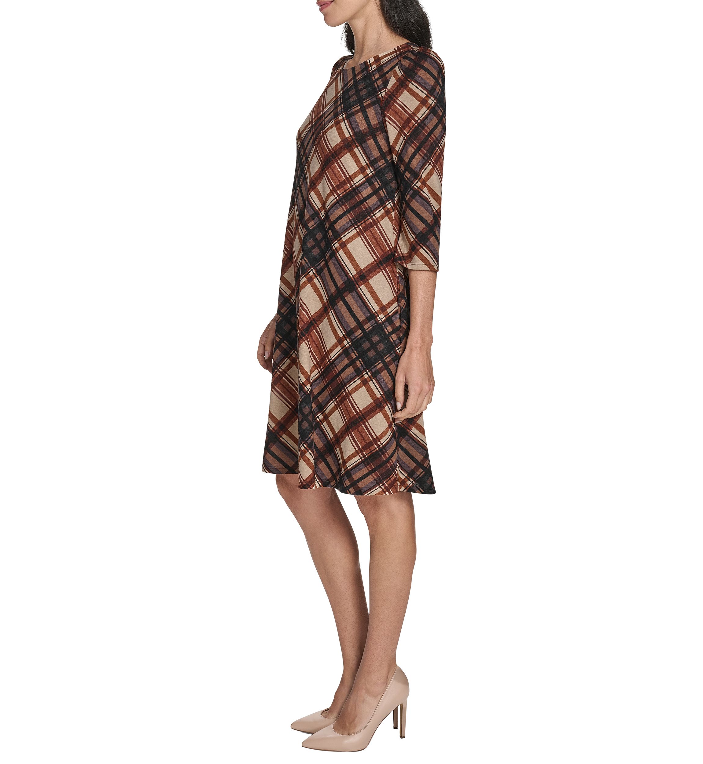 Womens 3/4 Sleeve Crew Neck Plaid Hacci A-Line Dress