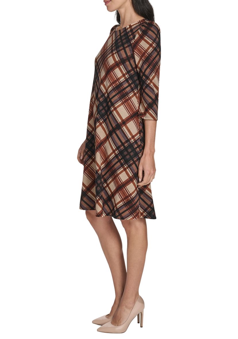 Womens 3/4 Sleeve Crew Neck Plaid Hacci A-Line Dress