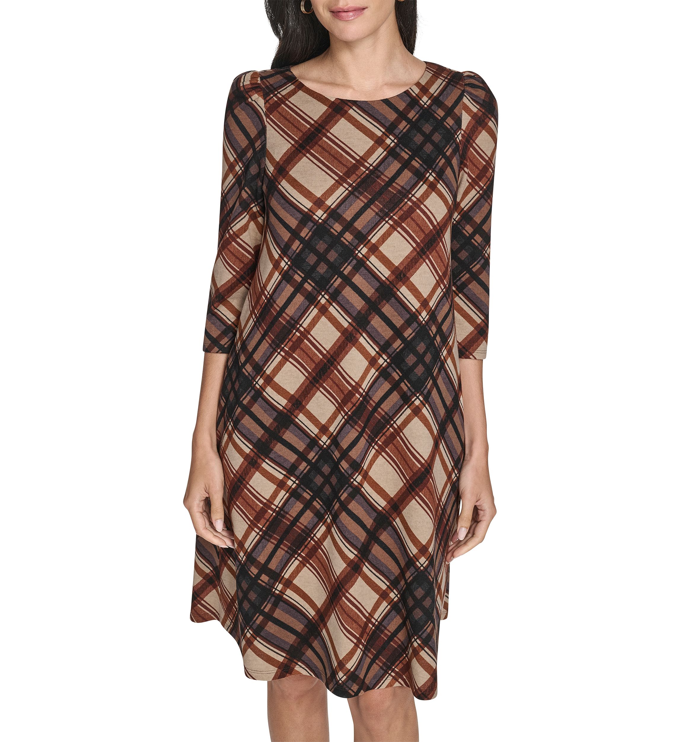 Womens 3/4 Sleeve Crew Neck Plaid Hacci A-Line Dress