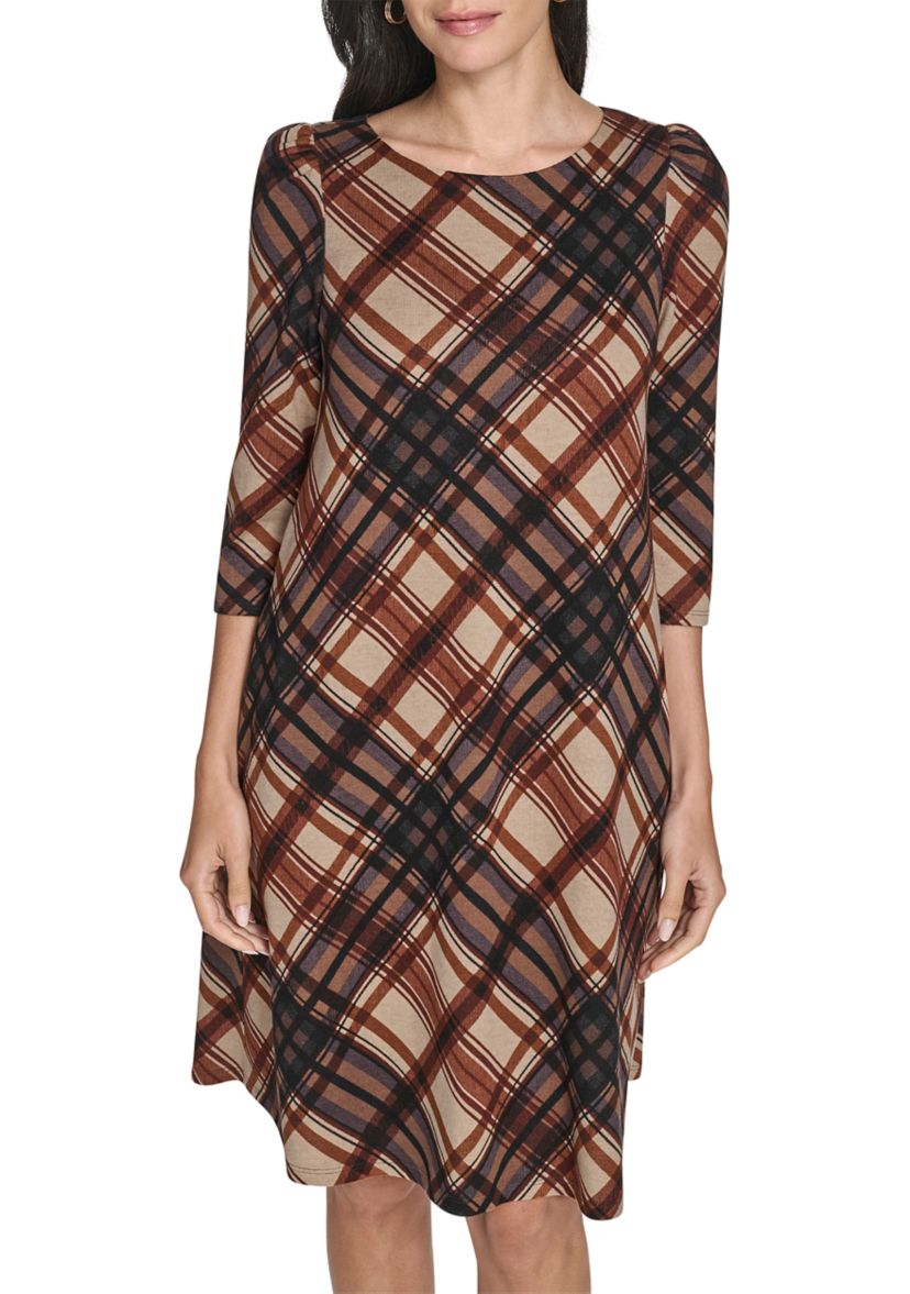 Womens 3/4 Sleeve Crew Neck Plaid Hacci A-Line Dress